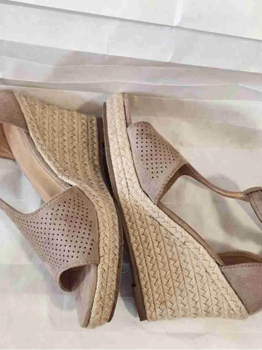 Women’s Taupe Suede Wedge Sandals with Ankle Strap